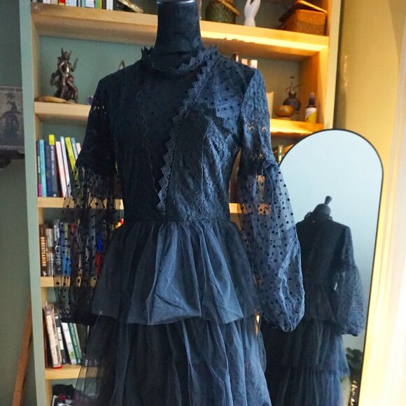 Witchy Gothic Lace Flowy Ruffle Maxi Dress - Picture 1 of 11
